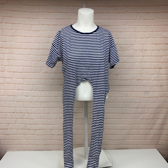 ZARA Navy White Striped T-Shirt Crop Tie Waist  👑 - Picture 2 of 8